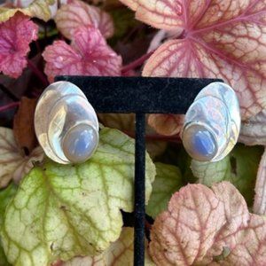 VTG Sterling Silver Large Oval Disc Earrings with Moonstone